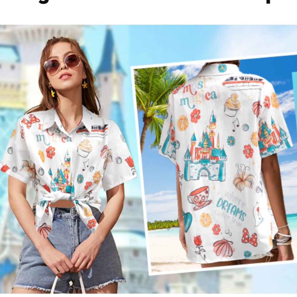 💙 2 for $12 Disney theme top button up shirt Magical castle sorcerer hat Large